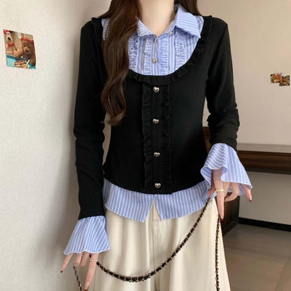 Y2K Collar Striped Korean Top - Fashionnsio