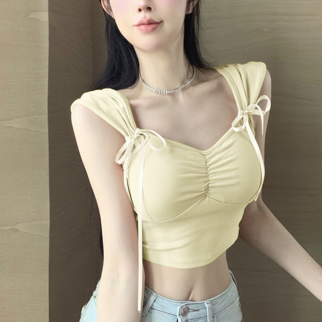 Pleated Bow Strap Crop Top