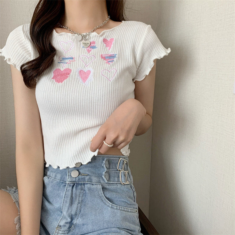 Heart Ruffle Knitted T-shirt Top