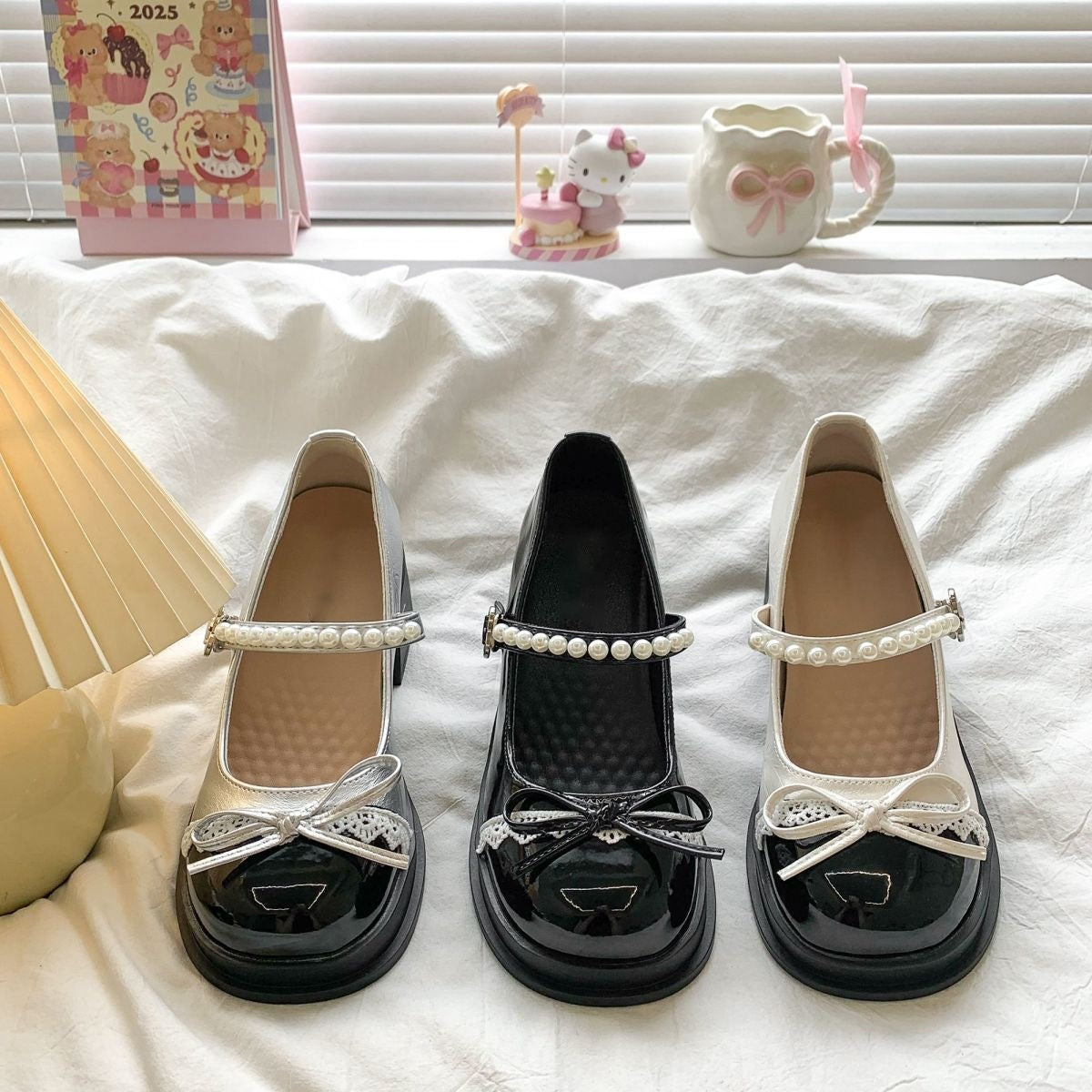 Pearl Strap Bow Chunky Heels - Fashionnsio