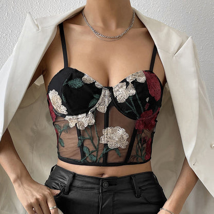 Flower Embroidered Mesh Crop Corset Top