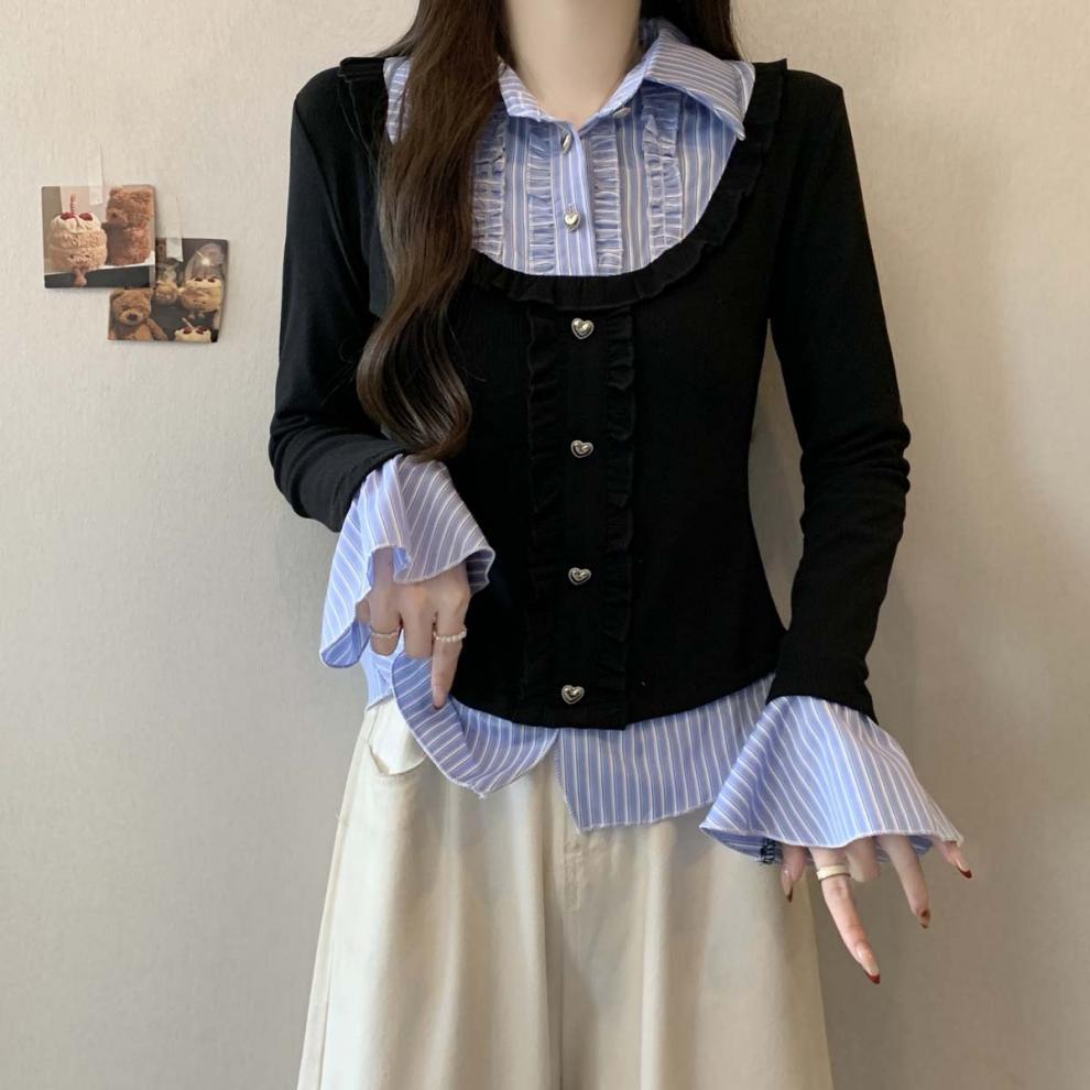 Y2K Collar Striped Korean Top - Fashionnsio
