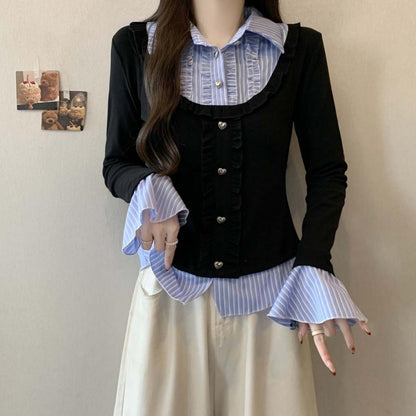 Y2K Collar Striped Korean Top - Fashionnsio