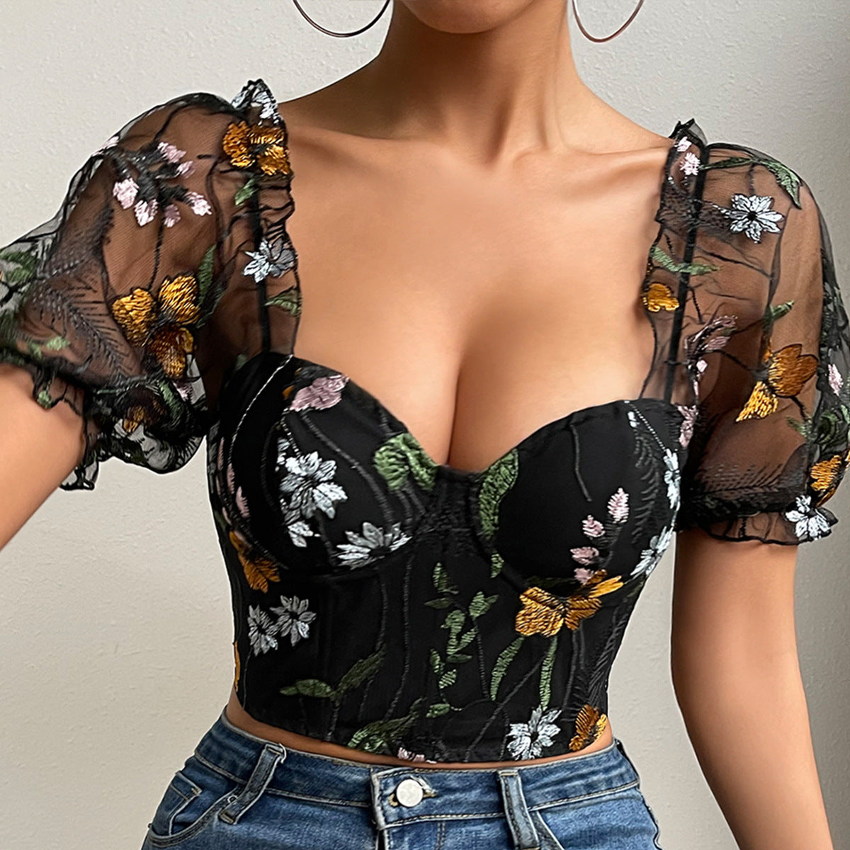 Flowers Embroidered Puff Sleeve Corset Top