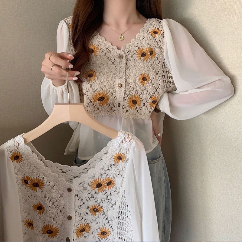 Flower Embroidery Puff Sleeve Blouse Top