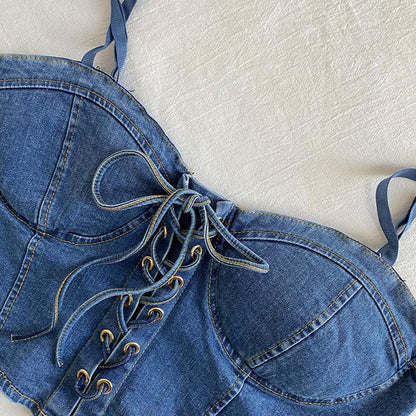 Denim Bow Drawstring Corset Top