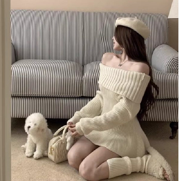 Knit Sweater Off Shoulder Dress - Fashionnsio