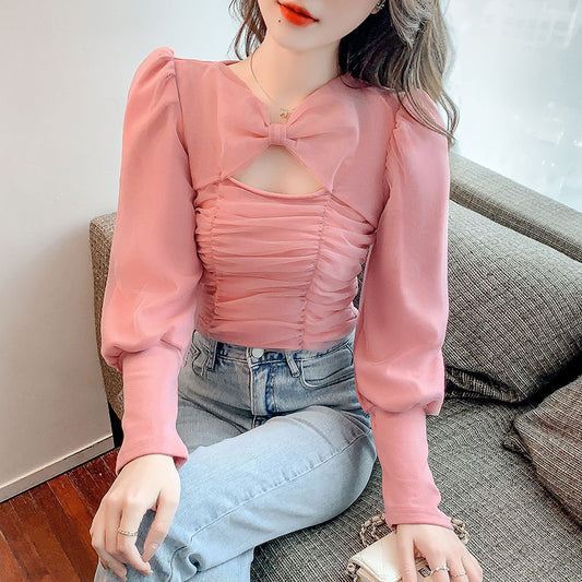 Puff Sleeve Bow Mesh Pleated Top fashionnsio