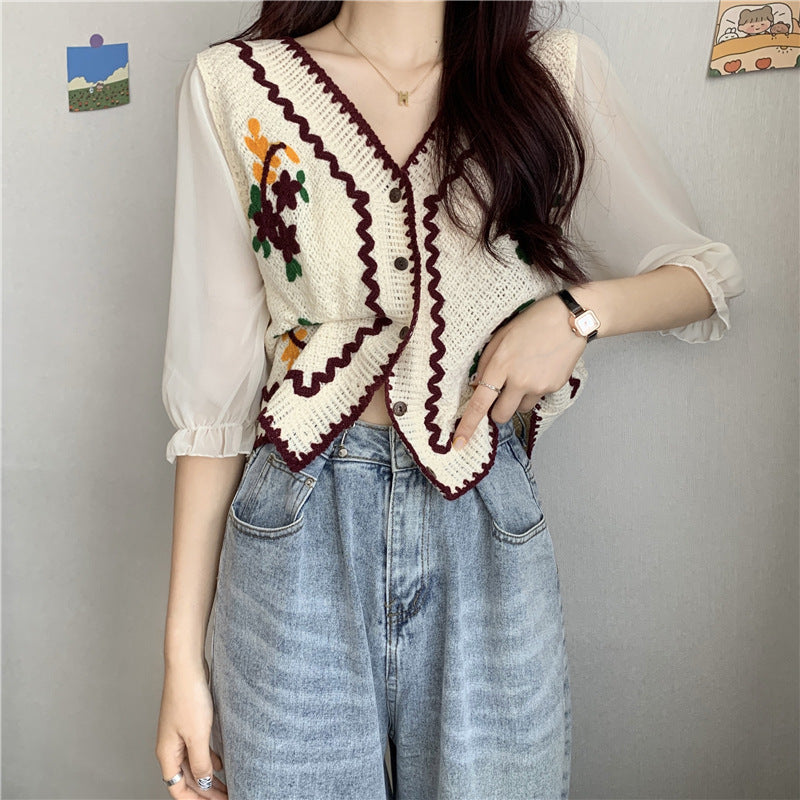 Flower Embroidery Crochet Cardigan/Top