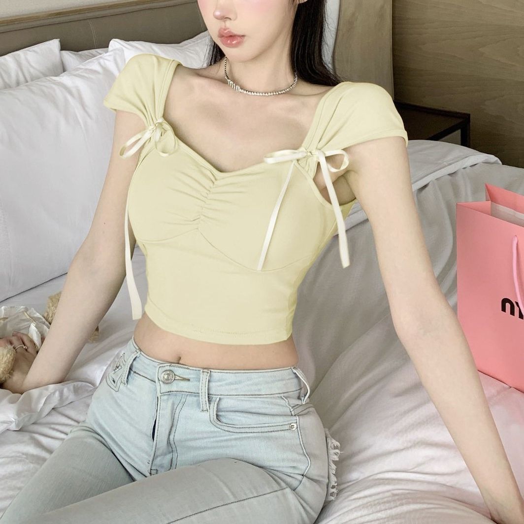 Pleated Bow Strap Crop Top