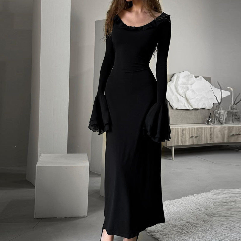 Flare Long Sleeve Black Dress fashionnsio