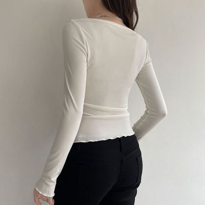 Long Sleeve Bow Lace Ribbed Top