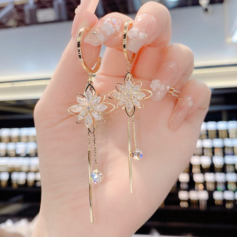 Crystal Flower Tassel Drop Earrings fashionnsio