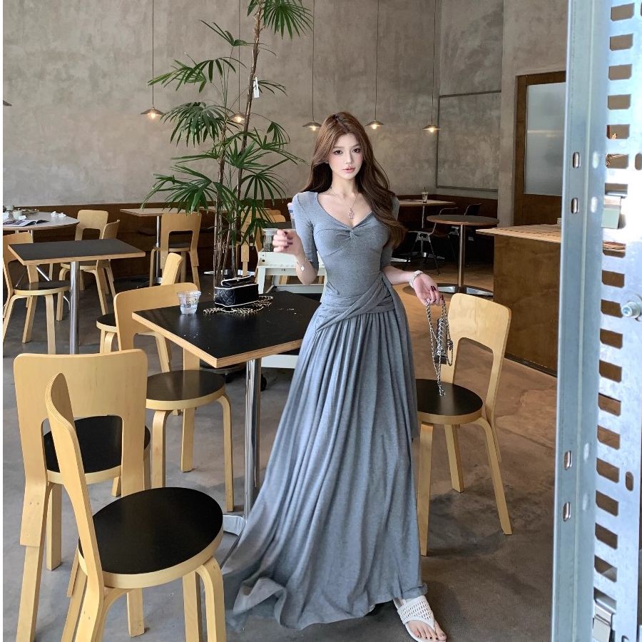 Knot Ribbon Slim-Fit Long Dress - Fashionnsio