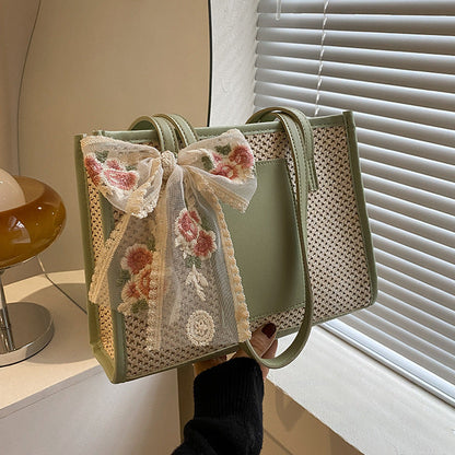 Flower Embroidery Woven Tote Bags - Fashionnsio