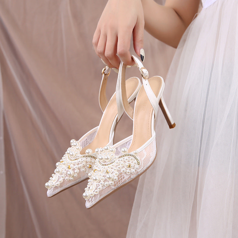 Pearl Crystal Lace White heel