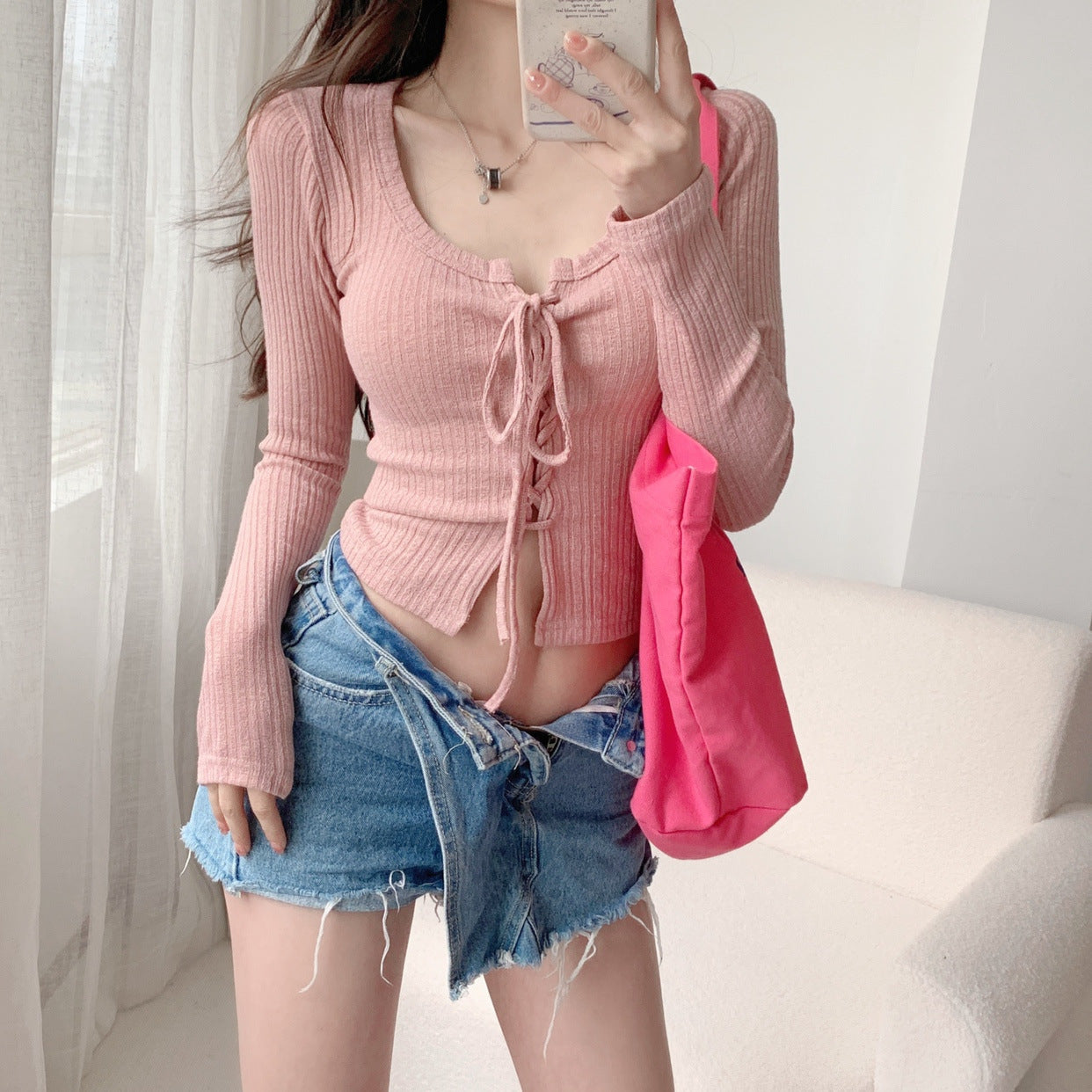 Knitted Bow Lace-up Long Sleeve Top fashionnsio