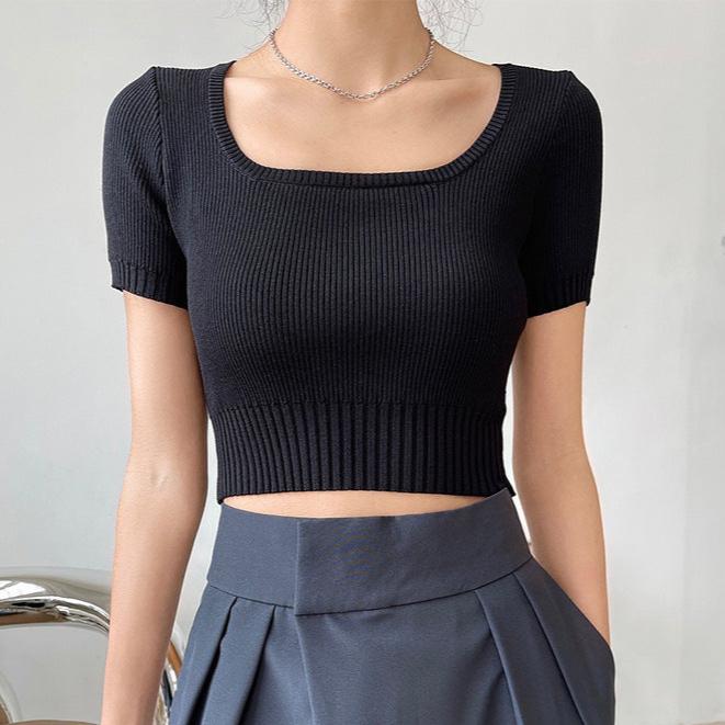 Square Neck Cropped Knit Top fashionnsio