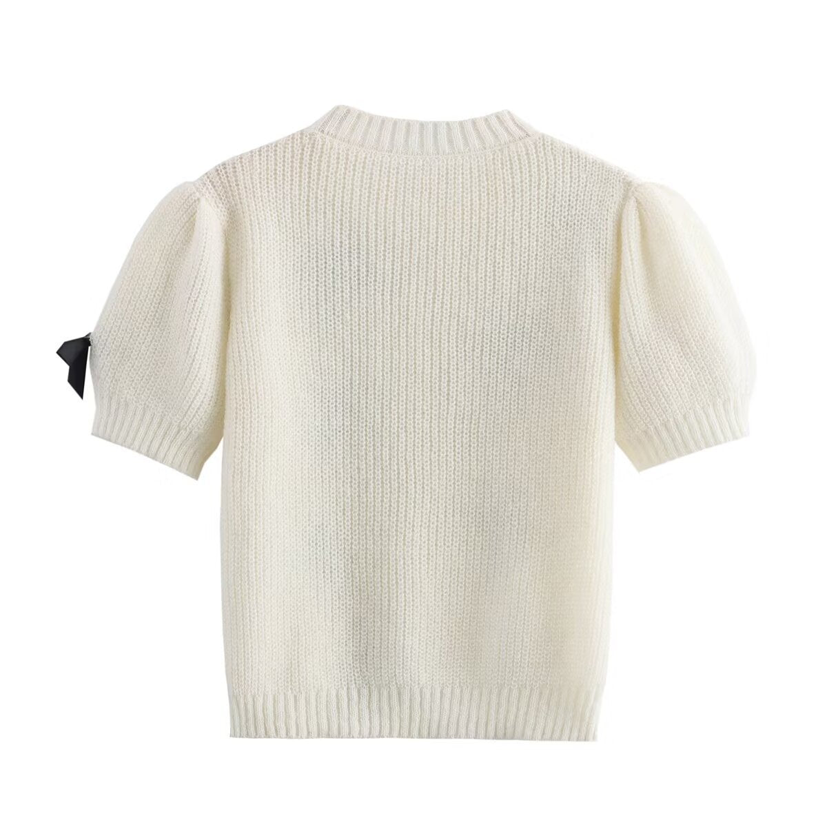 Bow Puff Sleeve Knit Sweater Top