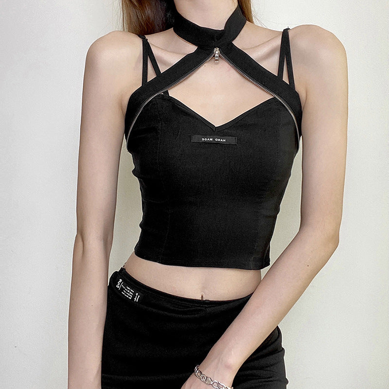 Zipper Halter Neck Crop Top