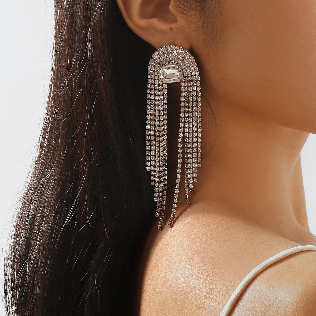 Shiny Long Crystal Tassel Drop Earrings fashionnsio