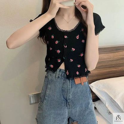 Floral Knitted Crop Top - Fashionnsio
