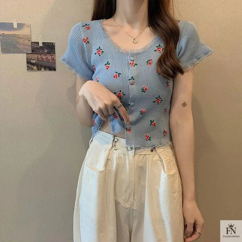 Floral Knitted Crop Top - Fashionnsio