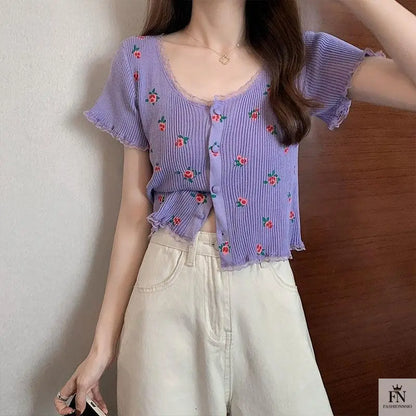 Floral Knitted Crop Top - Fashionnsio