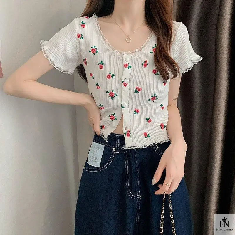 Floral Knitted Crop Top - Fashionnsio