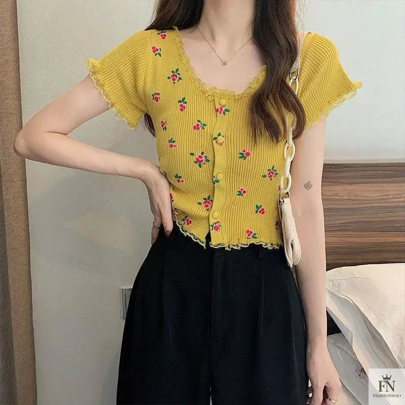 Floral Knitted Crop Top - Fashionnsio