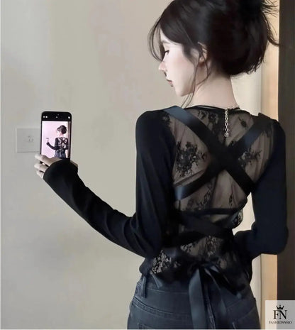 Allure Satin Strappy Ribbon Lace Top - Fashionnsio