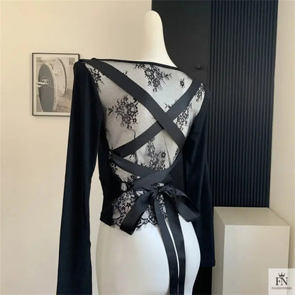 Allure Satin Strappy Ribbon Lace Top - Fashionnsio