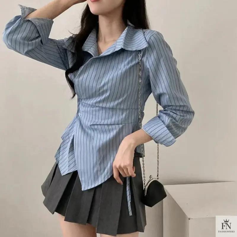 Striped Irregular Waist Slim Shirts - Fashionnsio