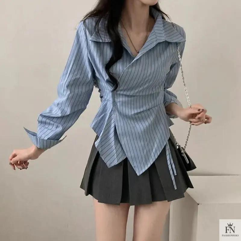 Striped Irregular Waist Slim Shirts - Fashionnsio