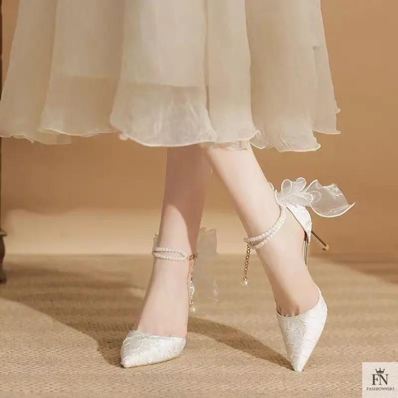 Pearl Strap Ribbon Bow Heels - Fashionnsio