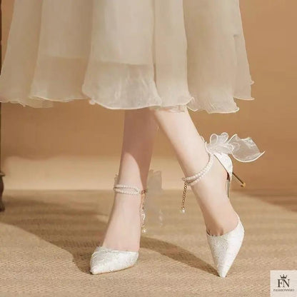 Pearl Strap Ribbon Bow Heels - Fashionnsio