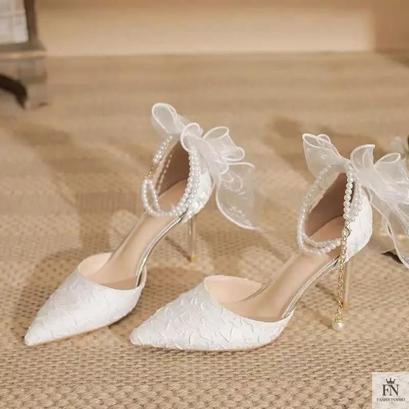 Pearl Strap Ribbon Bow Heels - Fashionnsio