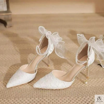 Pearl Strap Ribbon Bow Heels - Fashionnsio
