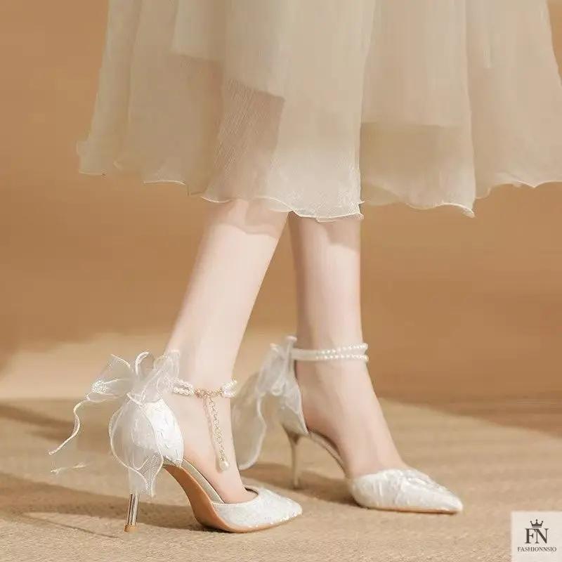 Pearl Strap Ribbon Bow Heels - Fashionnsio