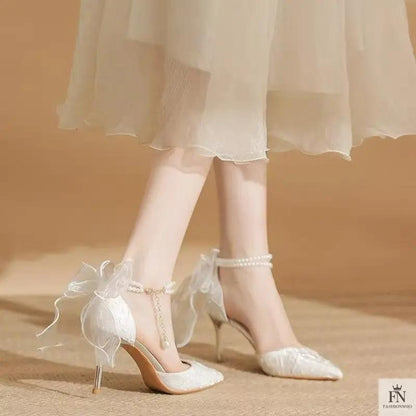 Pearl Strap Ribbon Bow Heels - Fashionnsio