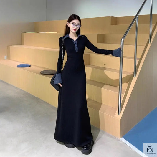 Polo Collar Button Long Dress - Fashionnsio