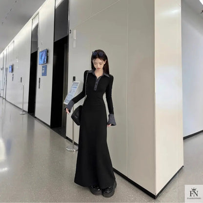 Polo Collar Button Long Dress - Fashionnsio