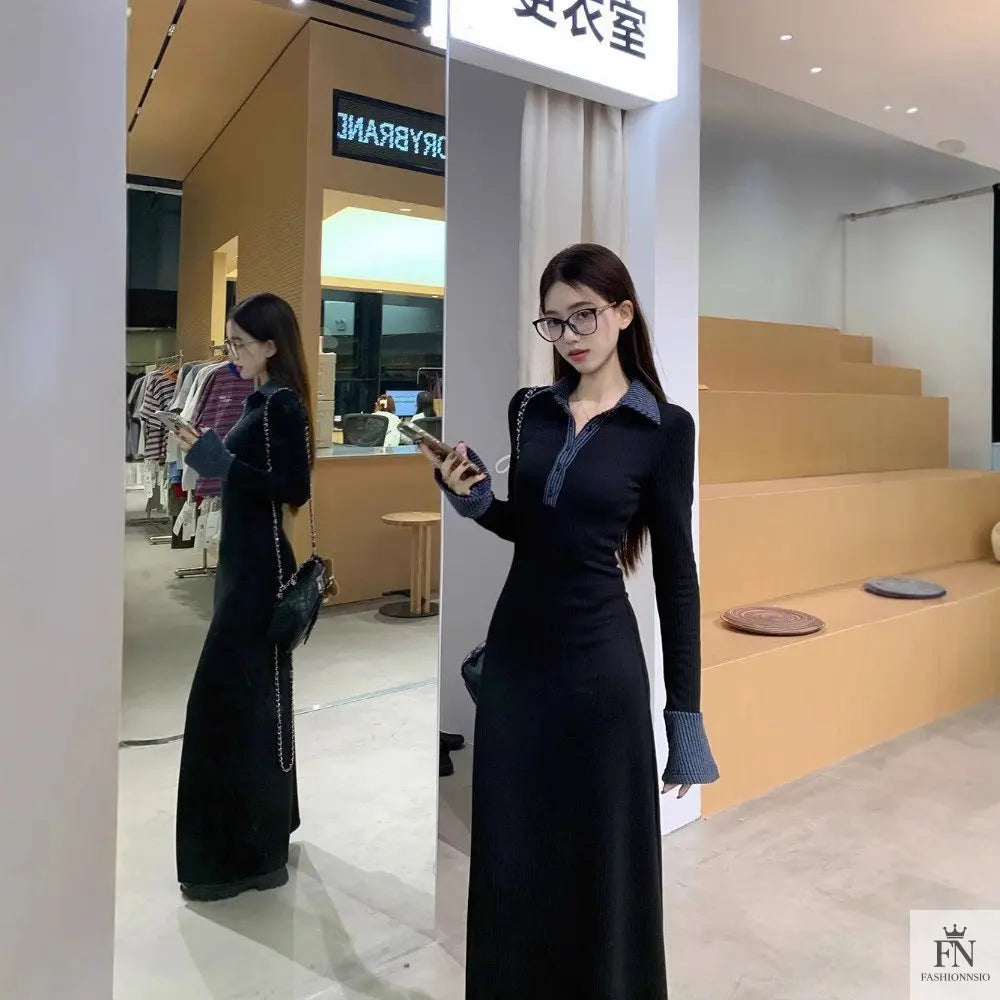 Polo Collar Button Long Dress - Fashionnsio