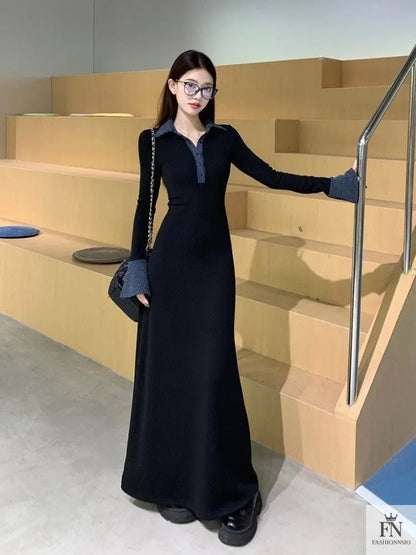 Polo Collar Button Long Dress - Fashionnsio