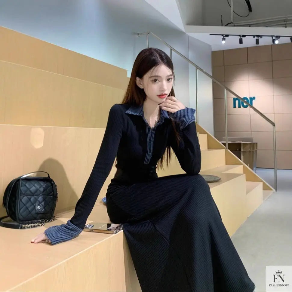 Polo Collar Button Long Dress - Fashionnsio
