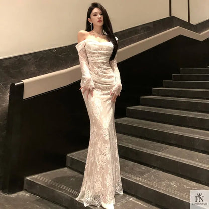 Cold Shoulder Lace Gown Dress - Fashionnsio