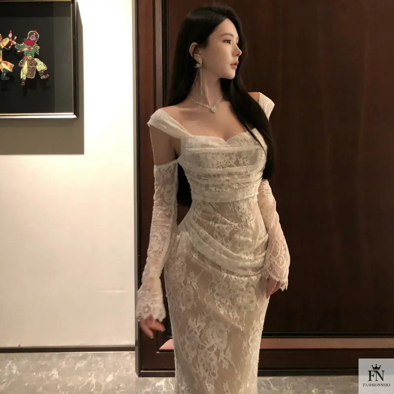 Cold Shoulder Lace Gown Dress - Fashionnsio