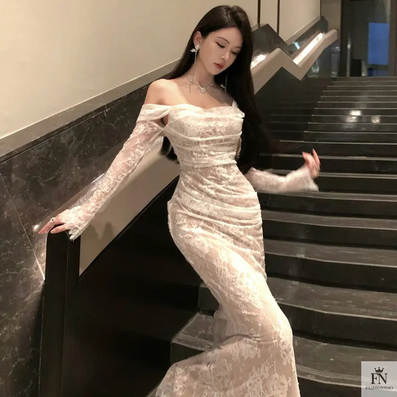 Cold Shoulder Lace Gown Dress - Fashionnsio