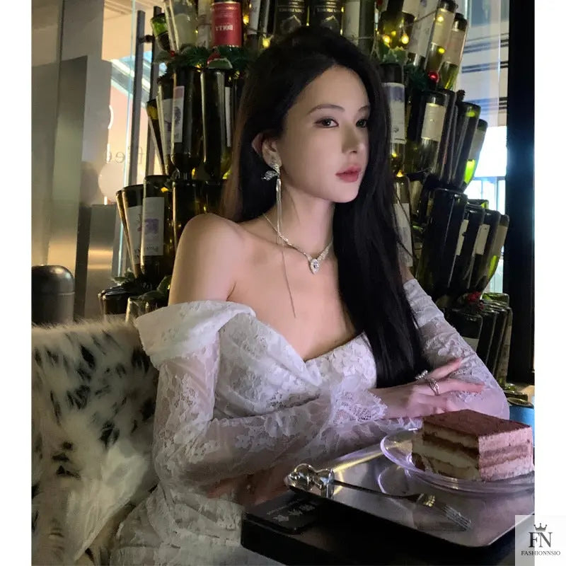 Cold Shoulder Lace Gown Dress - Fashionnsio