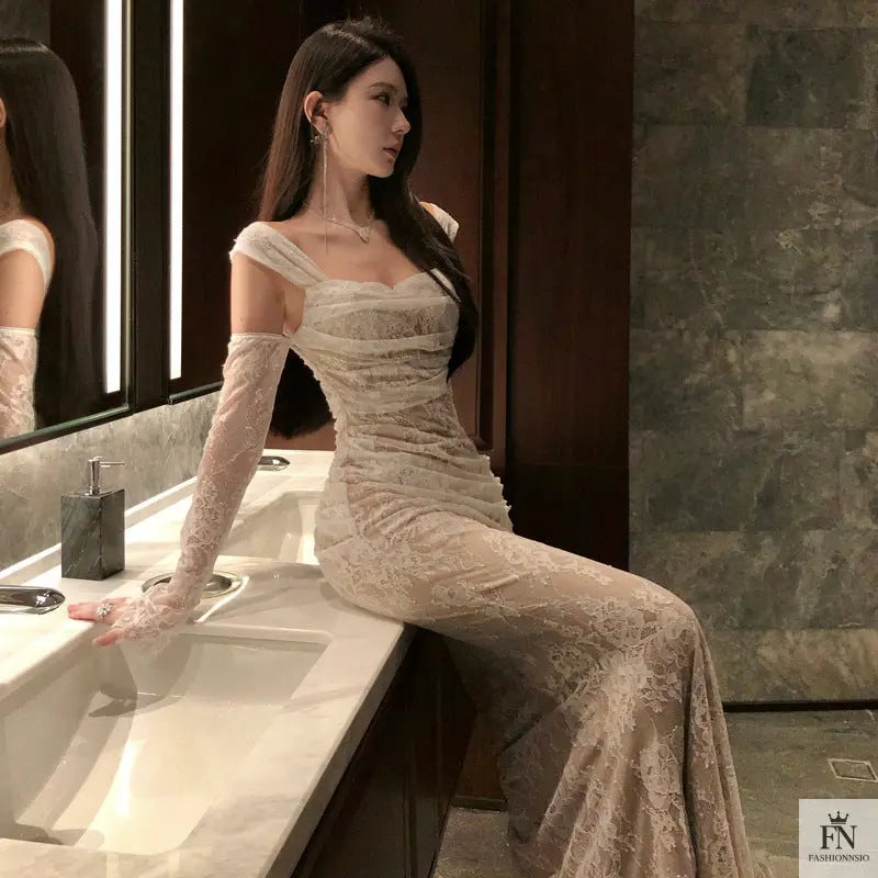 Cold Shoulder Lace Gown Dress - Fashionnsio